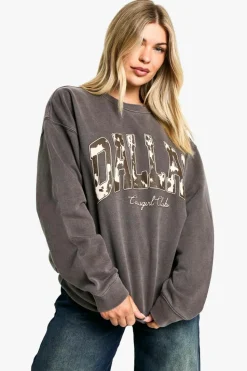 Sweatshirts|Hoodies & Sweatshirts*boohoo Dallas Cow Print Overdyed Oversized Sweatshirt chocolate