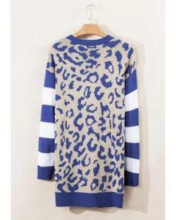 Cardigans*Azura Exchange Dark Stripe Sleeve Leopard Print Open Front Cardigan With Pockets Blue