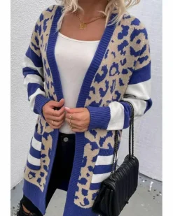 Cardigans*Azura Exchange Dark Stripe Sleeve Leopard Print Open Front Cardigan With Pockets Blue