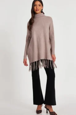 Jumpers*Quiz Knit Tassel Hem Jumper Dark Brown