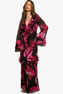 Maxi Dresses*boohoo Dark Floral Flare Sleeve Maxi Dress black