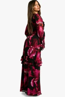 Maxi Dresses*boohoo Dark Floral Flare Sleeve Maxi Dress black