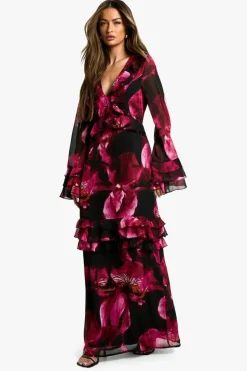 Maxi Dresses*boohoo Dark Floral Flare Sleeve Maxi Dress black