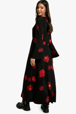Maxi Dresses|Long Sleeve Dresses*boohoo Dark Floral Flare Sleeve Maxi Dress black