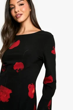 Mini Dresses|Long Sleeve Dresses*boohoo Dark Floral Low Back Flare Sleeve Dress black