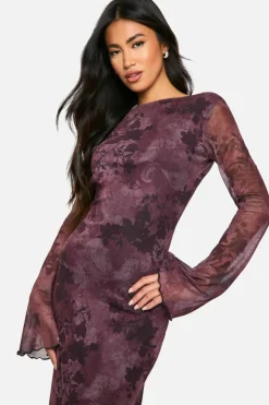 Maxi Dresses|Long Sleeve Dresses*boohoo Dark Floral Print Mesh Scoop Back Maxi Dress multi