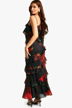 Maxi Dresses|Long Sleeve Dresses*boohoo Dark Floral Ruffle Maxi Dress black