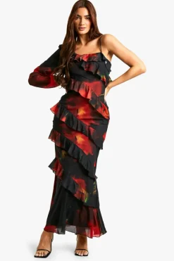 Maxi Dresses|Long Sleeve Dresses*boohoo Dark Floral Ruffle Maxi Dress black
