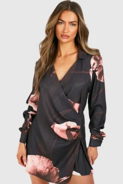Shirt Dresses|Wrap Dresses*boohoo Dark Floral Satin Wrap Shirt Dress black