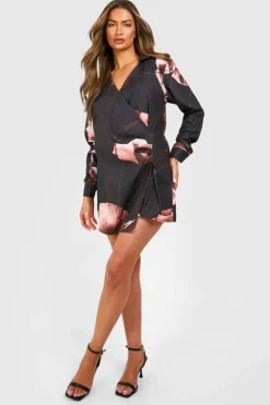 Shirt Dresses|Wrap Dresses*boohoo Dark Floral Satin Wrap Shirt Dress black