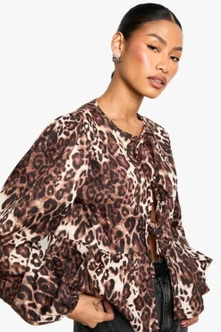 Long Sleeve Tops*boohoo Dark Tie Front Puff Long Sleeve Smock Top leopard