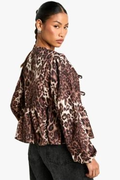 Long Sleeve Tops*boohoo Dark Tie Front Puff Long Sleeve Smock Top leopard