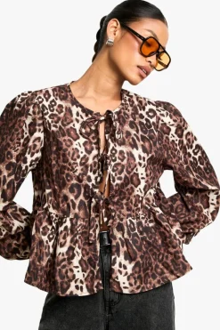 Long Sleeve Tops*boohoo Dark Tie Front Puff Long Sleeve Smock Top leopard