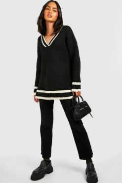 Jumpers*boohoo Deep V Knitted Cricket Jumper black