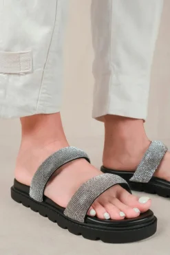 Sandals*Where's That From Define' Flat Sandal With Clear Diamond Strap Black