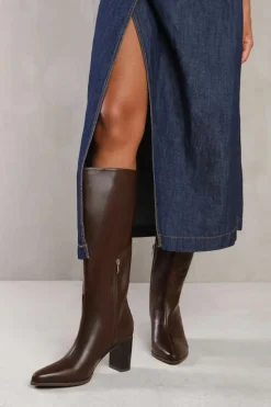 Heeled Boots|All Boots*Where's That From Delta' Block Heel Knee High Boots With Side Zip Brown