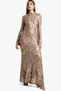 Maxi Dresses|Long Sleeve Dresses*boohoo Demask Open Back Maxi Dress gold