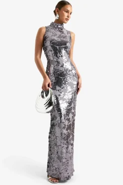 Maxi Dresses*boohoo Demask Sequin High Neck Column Maxi Dress gun metal