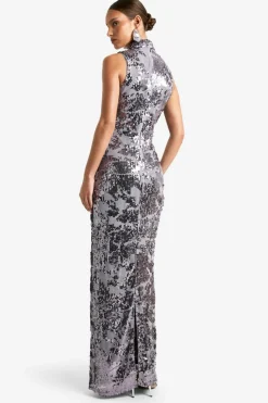 Maxi Dresses*boohoo Demask Sequin High Neck Column Maxi Dress gun metal