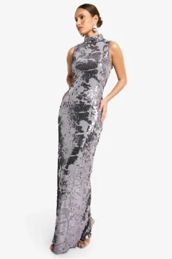 Maxi Dresses*boohoo Demask Sequin High Neck Column Maxi Dress gun metal