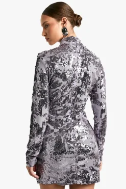 Bodycon Dresses|Mini Dresses*boohoo Demask Sequin High Neck Long Sleeve Mini Dress gun metal