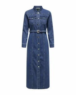 Shirt Dresses*Only Denim Dress with Belt - Casual Long Sleeve Shirt Dress - Blue