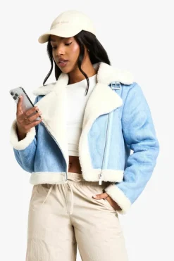Up To 80% Off Winter Warmers|Aviator Jackets*boohoo Denim Look Cropped Aviator Jacket denim-blue