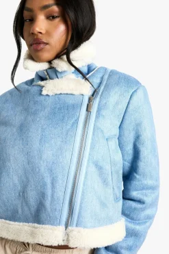 Up To 80% Off Winter Warmers|Aviator Jackets*boohoo Denim Look Cropped Aviator Jacket denim-blue