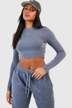Long Sleeve Tops*boohoo Washed Rib Long Sleeve Fitted Top denim-blue