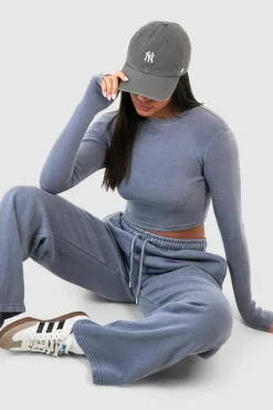Long Sleeve Tops*boohoo Washed Rib Long Sleeve Fitted Top denim-blue
