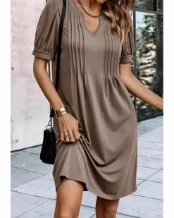 Shirt Dresses|T-Shirt Dresses*Azura Exchange Desert Palm Notched Neck Pleated Puff Sleeve Shift T-shirt Dress Green