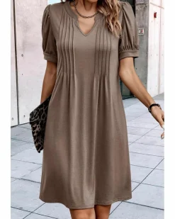 Shirt Dresses|T-Shirt Dresses*Azura Exchange Desert Palm Notched Neck Pleated Puff Sleeve Shift T-shirt Dress Green