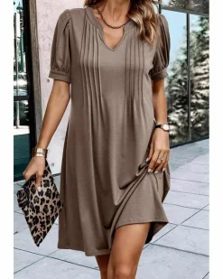 Shirt Dresses|T-Shirt Dresses*Azura Exchange Desert Palm Notched Neck Pleated Puff Sleeve Shift T-shirt Dress Green
