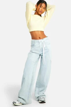 Up To 80% Off Winter Warmers|Denim*boohoo Detachable Lace Tie Skirt Overlay And Washed Wide Leg Denim Jeans washed blue