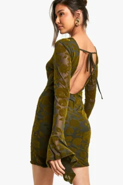 Mini Dresses|Long Sleeve Dresses*boohoo Devore Flare Sleeve Back Tie Mini Dress khaki