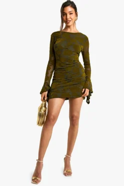 Mini Dresses|Long Sleeve Dresses*boohoo Devore Flare Sleeve Back Tie Mini Dress khaki