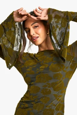 Mini Dresses|Long Sleeve Dresses*boohoo Devore Flare Sleeve Back Tie Mini Dress khaki