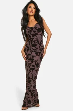Bodycon Dresses|Maxi Dresses*boohoo Devore Floral Cowl Neck Maxi Dress chocolate