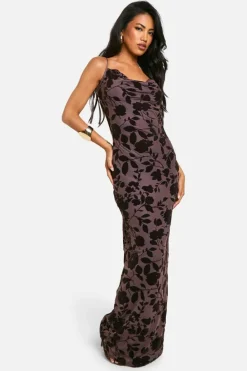 Bodycon Dresses|Maxi Dresses*boohoo Devore Floral Cowl Neck Maxi Dress chocolate