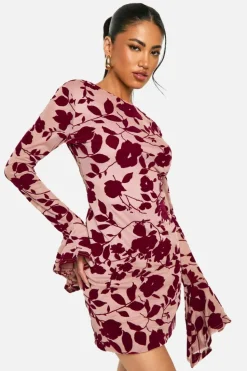 Bodycon Dresses*boohoo Devore Floral Frill Sleeve Mini Dress plum
