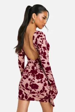 Bodycon Dresses*boohoo Devore Floral Frill Sleeve Mini Dress plum