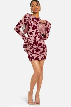 Bodycon Dresses*boohoo Devore Floral Frill Sleeve Mini Dress plum