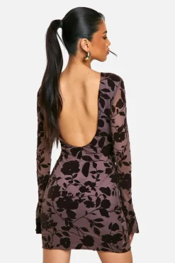 Bodycon Dresses*boohoo Devore Floral Frill Sleeve Mini Dress chocolate