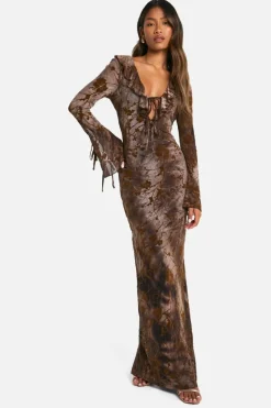 Maxi Dresses|Long Sleeve Dresses*boohoo Devore Ruffle Front Tie Sleeve Maxi Dress brown