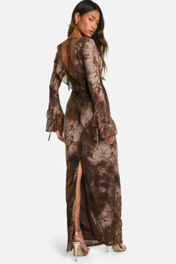 Maxi Dresses|Long Sleeve Dresses*boohoo Devore Ruffle Front Tie Sleeve Maxi Dress brown