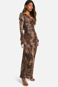 Maxi Dresses|Long Sleeve Dresses*boohoo Devore Ruffle Front Tie Sleeve Maxi Dress brown