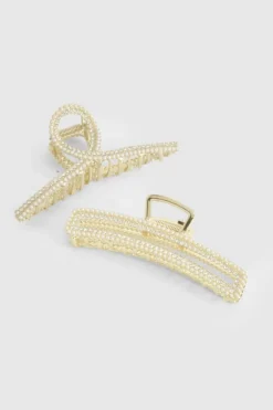 Hair Accessories*boohoo Diamante and Pearl Embellished Claw Clip 2 Pack gold