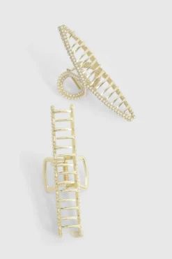 Hair Accessories*boohoo Diamante and Pearl Embellished Claw Clip 2 Pack gold