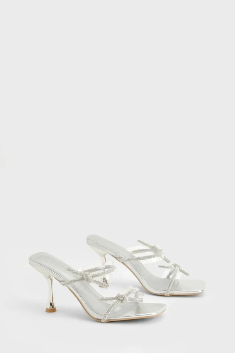 Heels*boohoo Diamante Bow Strappy Flared Heels silver