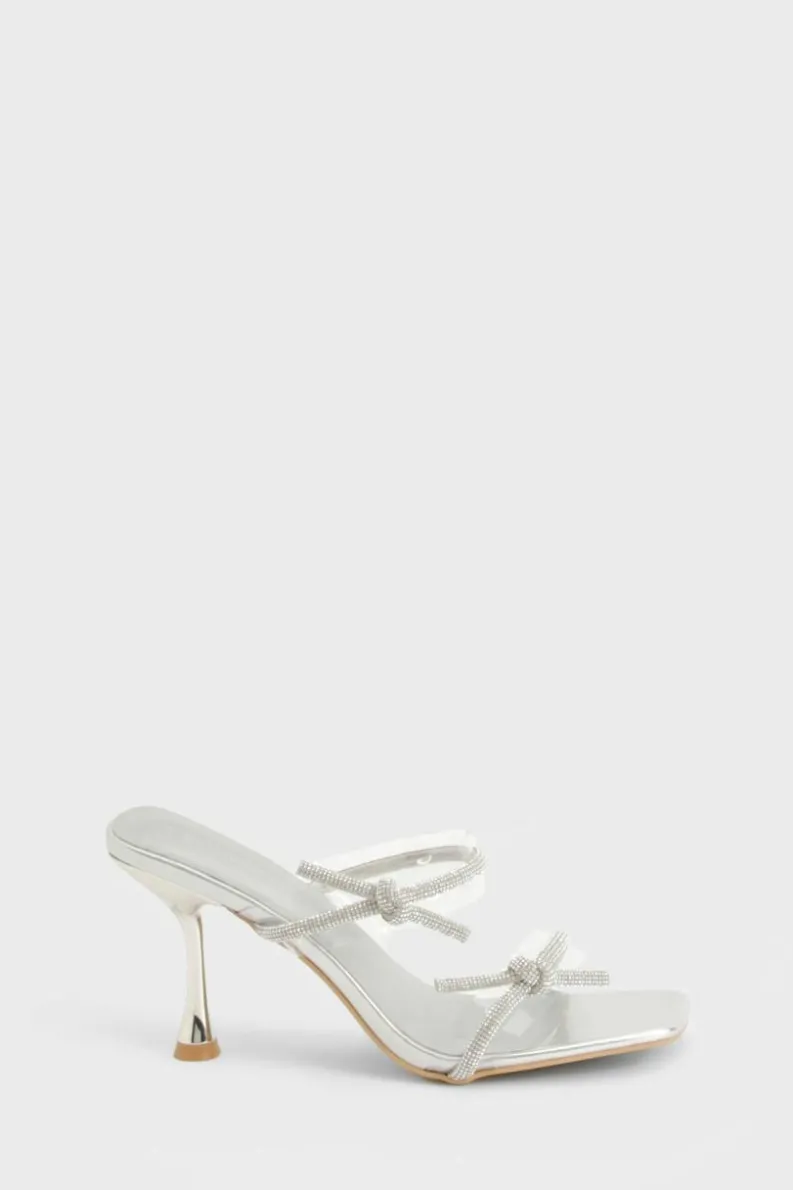 Heels*boohoo Diamante Bow Strappy Flared Heels silver